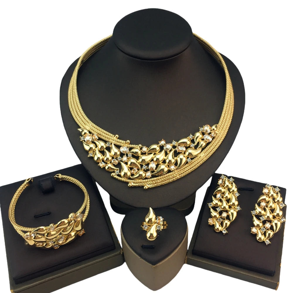 Luxury Design Gold Color Jewelry Set For Women Quality Trending Necklace Earrings Bracelet And Ring Wedding Party FHK19490