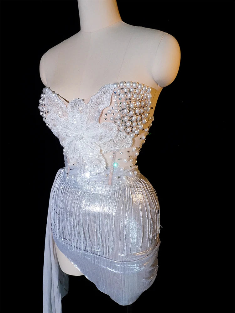 sexy women Two piece sets Evening Pearl dress nightclub party birthday wedding  stage flower dress singer pole dance clothing