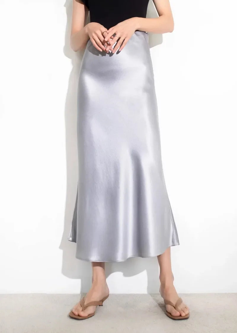 Elegant Skirts for Women Satin High Waisted 2025 New Slim Fit Long Skirt Fashion Temperament Simple Versatile Grey Black Skirts