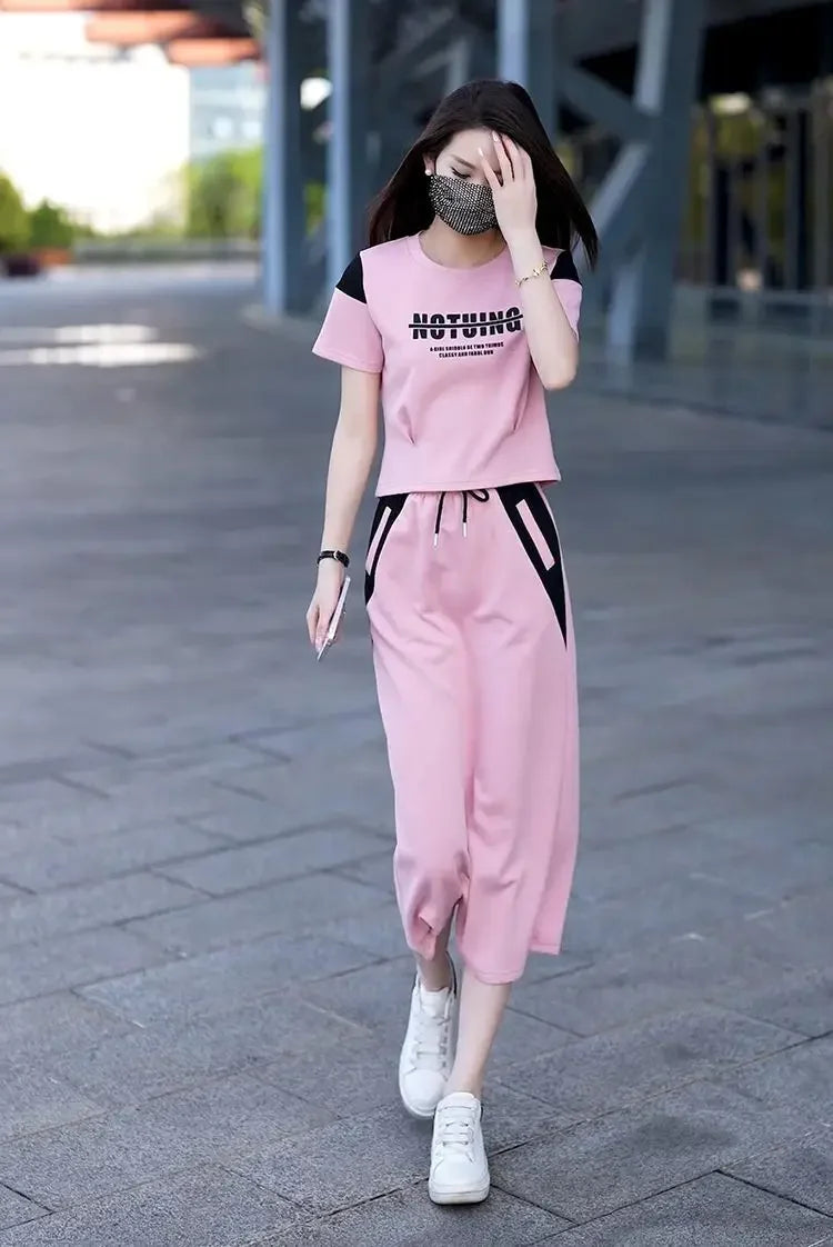 Women's Two Piece Set Short Sleeve Lightly Cooked Slit Skirt Luxury Designer Clothing Y2k Clothes Top and Bottom Female Outfits