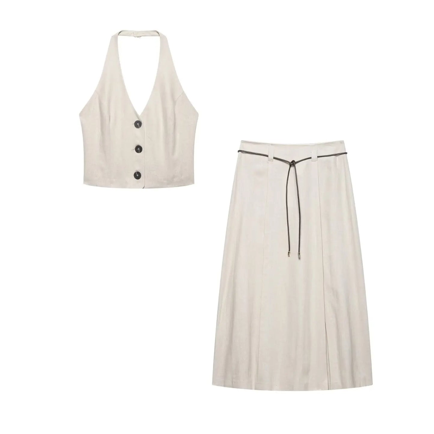 HH Women Skirts Set Hanging Neck Collar Backless Single-breasted Short Tops+A-Line High Waist Lace-up Skirt Women Suits