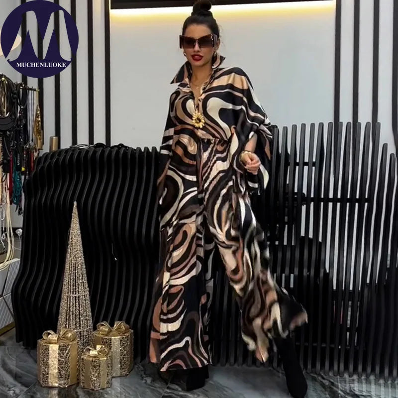 Women's Two Pieces Set Spring  Autumn New Elegant Printed Long Sleeves Tops Suits Fashionable Casual Loose Wide Leg Pants Sets