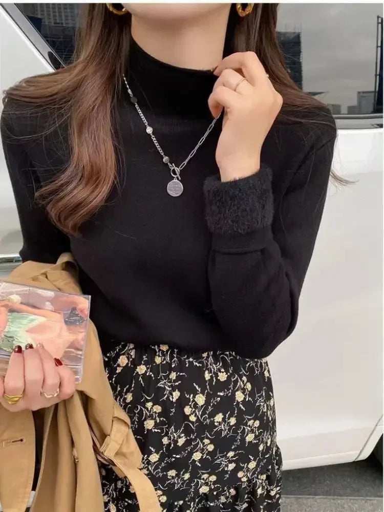 2025 Sweater For Women Casual Thick Warm Knit Plush Velvet Lined Pullover Tops Fall Winter Soft Knitwear Jumper New Slim Poleras