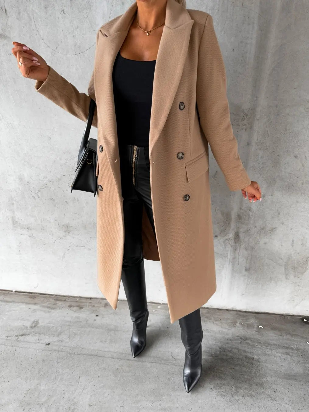 Women Double Breasted Woolen Outerwear Solid Color Long Overcoat Commuter Style Turndown Collar Lady Outerwear for Autumn Winter