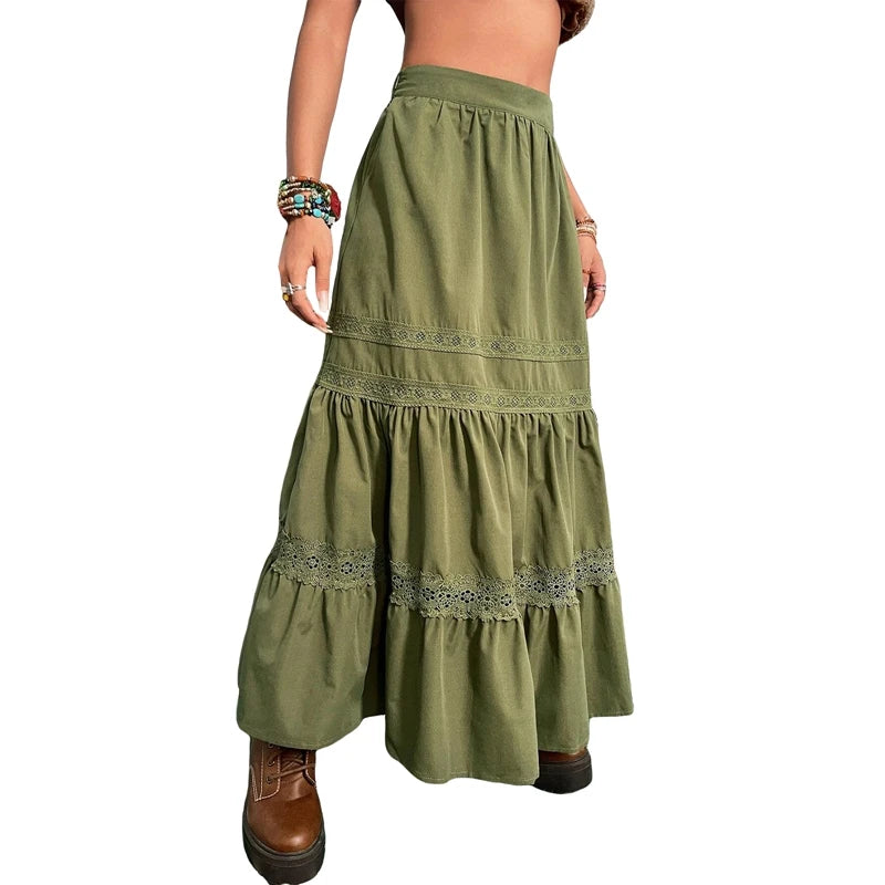 Skirts For Woman Green Pleated Skirts Korean Fashion Holiday Boho Waist Long Skirts Retro Y2K Fairycore Cute Lace Trim Clothes