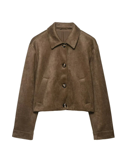 Women Fashion Faux Suede Jacket Coat Long Sleeve Button-up Female Outerwear Chic Tops