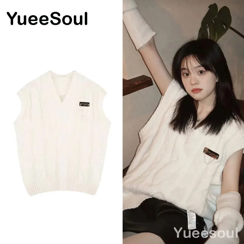 Sweet Kawaii Sweater Vest Printed Sleeveless Casual Outerwear Knitted Waistcoat 2023 Vintage Y2K Spring  E Girl Pullovers Tops