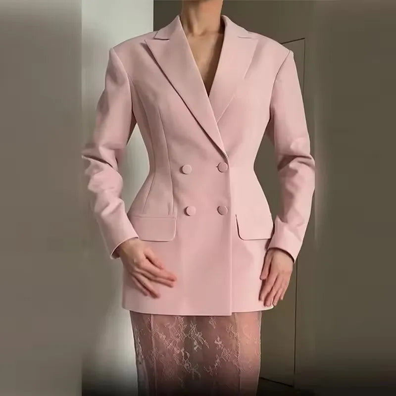 2025 Elegant Blazer Skirt Sets Women Two Piece Double Breasted Jacket Lace See Through Trousers Suits New Party Gown Set