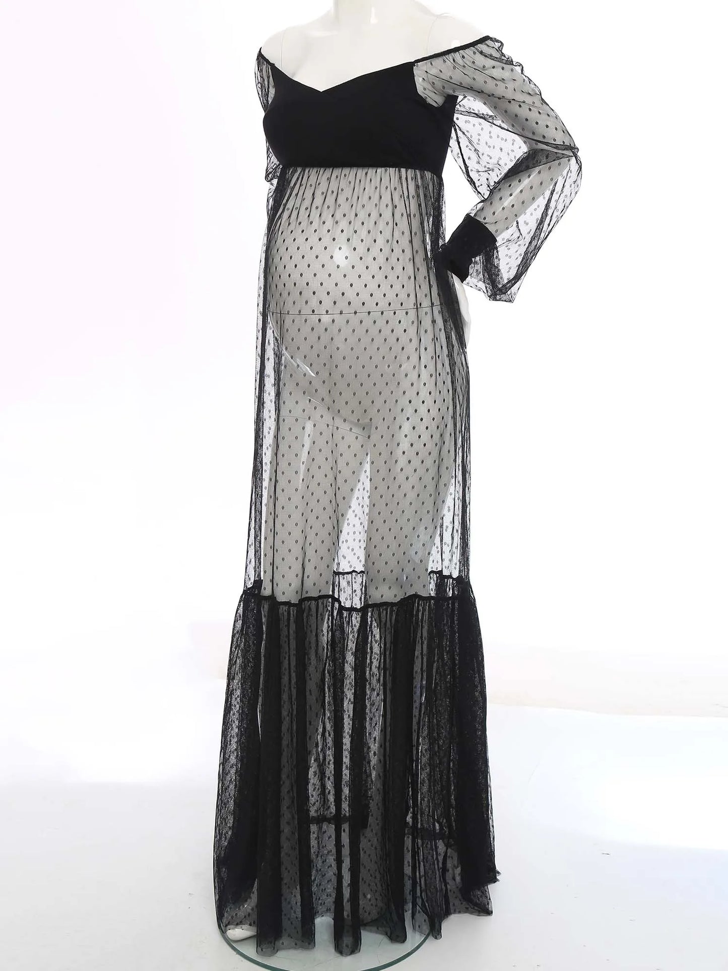 Maternity Pregnancy Photography Dress Bubble Sleeve Off-shoulder Polka Dots Sheer Mesh Split Maxi Gown for Party Sleepwear