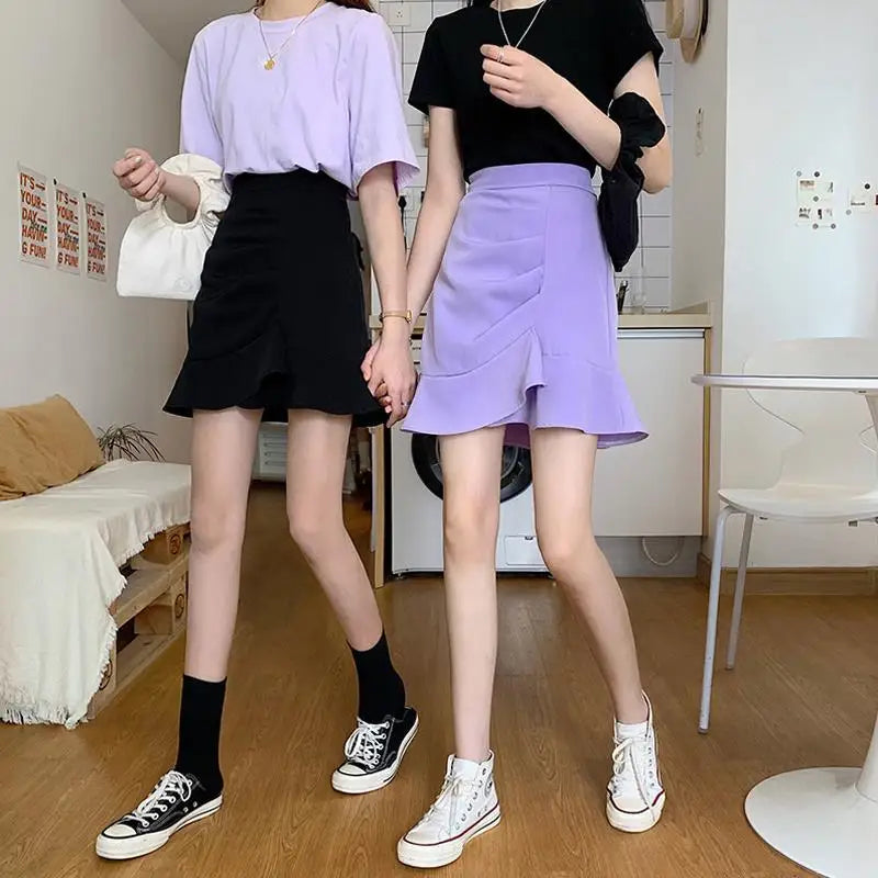 Irregular High Waist Skirts for Female Summer New Korean Fashion All-match Bag Hip A-Line Solid Color Ruffles Spliced Mini Skirt