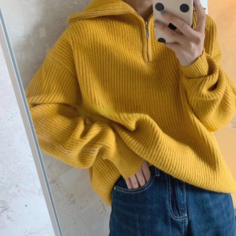 Women's Sweaters 2025 Autumn Winter Long Sleeve Top Loose Knitted Turtleneck Zipper Fashion Pullover Women Oversized Sweater