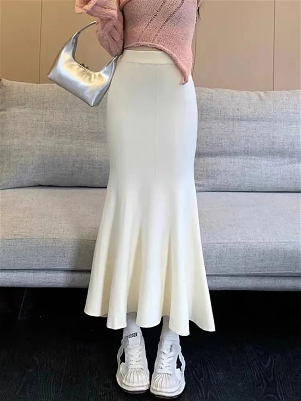 Knitting Skirts For Women Fashion High Waist Slim Trumpet Mermaid Skirts Office Ladies Casual Elegant Ankle Length Long Skirt