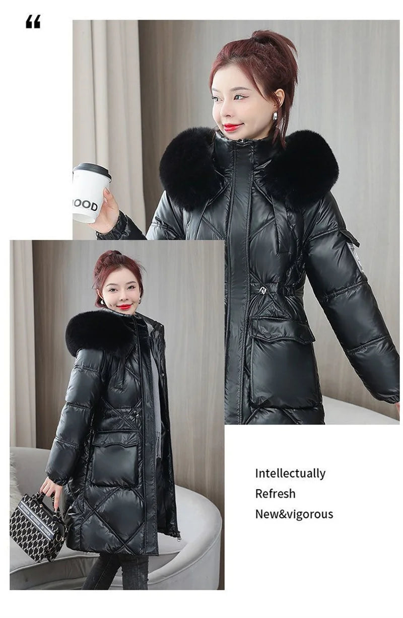 Champagne Winter Jacket Parkas Women Coat Fur Collar Hooded Overcoat Female Jacket Thick Warm Cotton Padded Puffer Parka Outwear