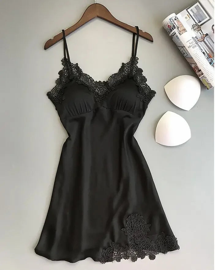 Ladies Sexy Silk Satin Night Dress Sleeveless Nighties V-neck Nightgown Nightdress Lace Sleepwear Nightwear for Women Sleep Tops