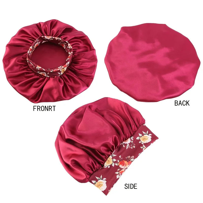 Women's Fashion Bonnet Flower Printed Hair Hat with Wide Edge Elastic Silk Smooth Satin Face for Daily Home Sleep Hat