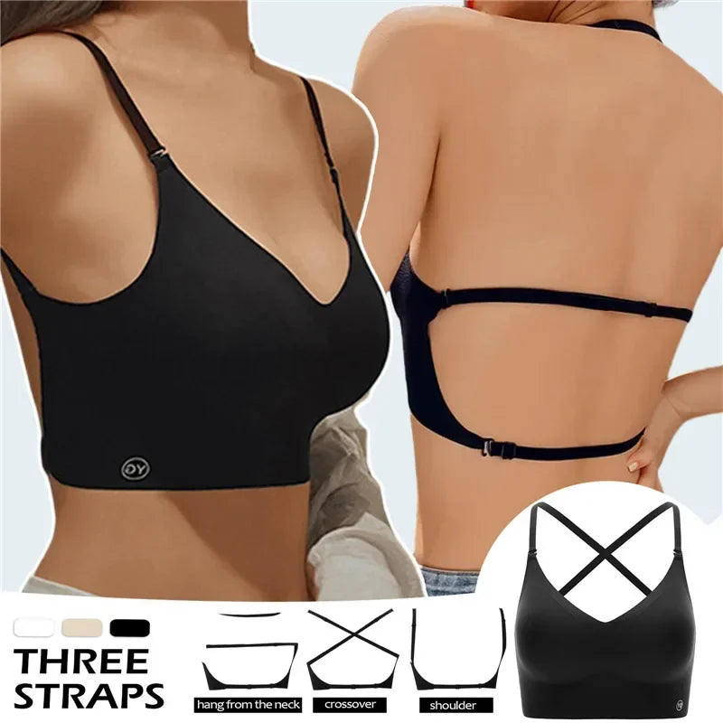 Women Invisible Bra Deep U Plunge Bras Backless Top for Dresses Sexy Lingerie with Transparent Strap Push Up Strapless Underwear