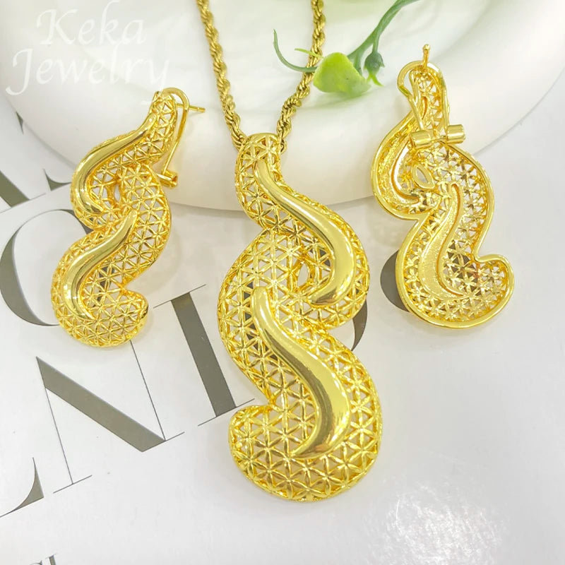 Dubai Golden Jewelry Sets for Women Luxury Italian Bridal Necklace Pendant Earrings Wedding Party Accessories Lady Gifts
