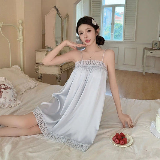 Sexy Nightie Woman Lace Trim Nightdress High Quality Satin Sleepwear Solid Color Soft Home Dress Female Silk Nightgown