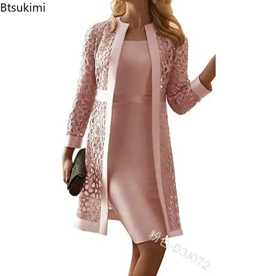 2025 Women's Dress Suit Sets Elegant Two Piece Set Outfits Solid Lace Cardigan Long Sleeve Office Party Knee-length Dress Set