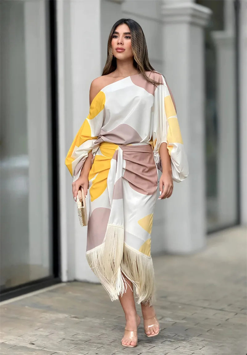 Two Piece Set Women Dress Outfit Spring Fashion Print Lantern Sleeve Diagonal Collar Top Tassel Hem High Waist Skirt Set 2 Piece