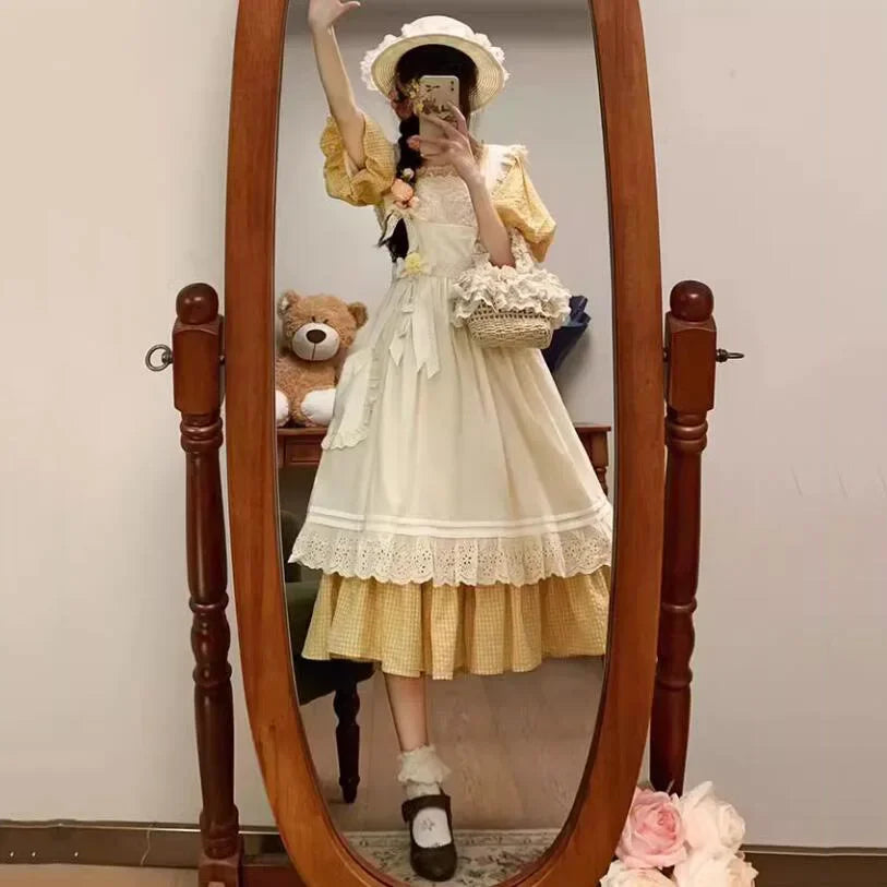 2025Spring NEW Two-piece Dress Suit French Sweet Pastoral Style Slim Square Collar Yellow Plaid Dress Women + Ruffles OuterDress