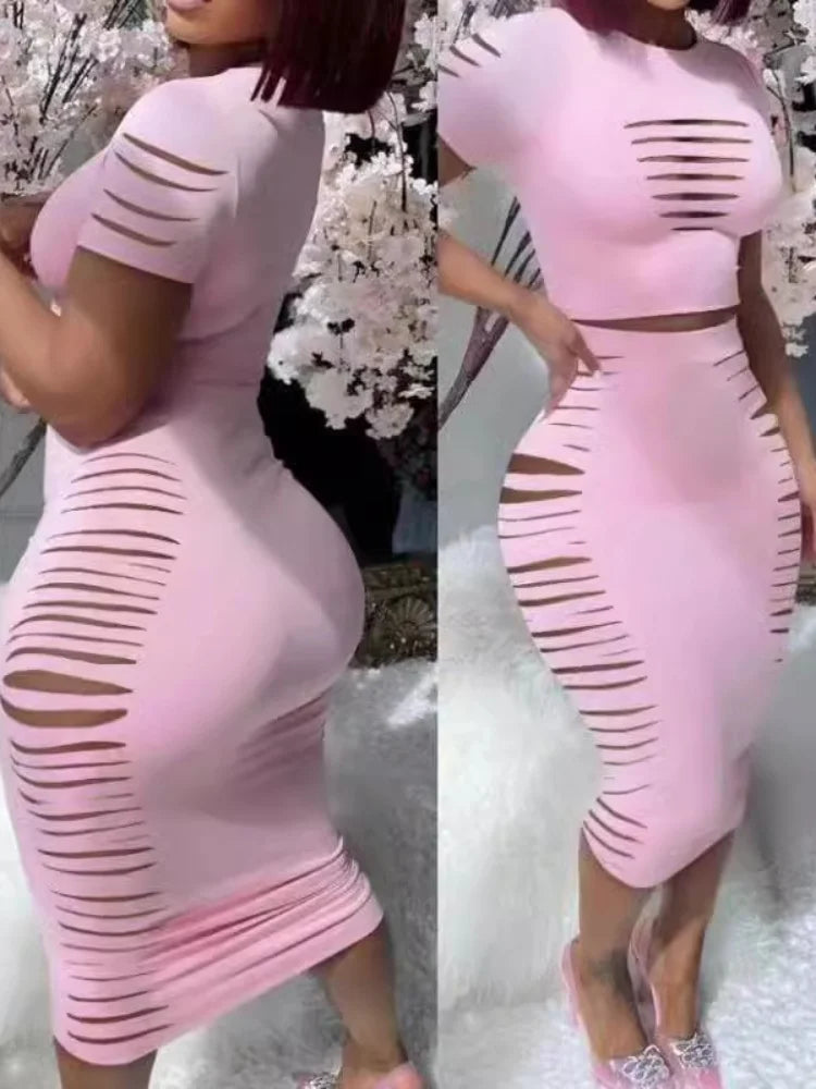 Womens Two Piece Sets Elegant Sexy Outfit Short Sleeve Top & High Waist Skirt Set New Fashion Summer Casual Female Suit