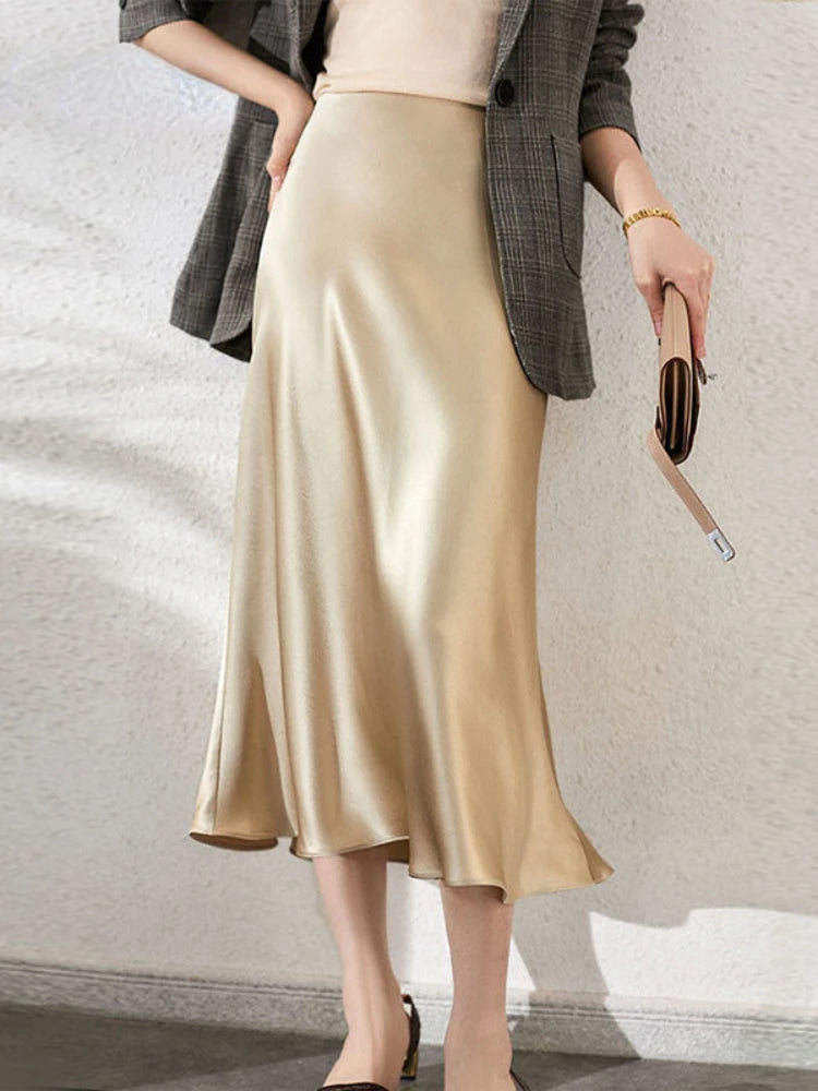 Elegant Skirts for Women Satin High Waisted 2025 New Slim Fit Long Skirt Fashion Temperament Simple Versatile Grey Black Skirts