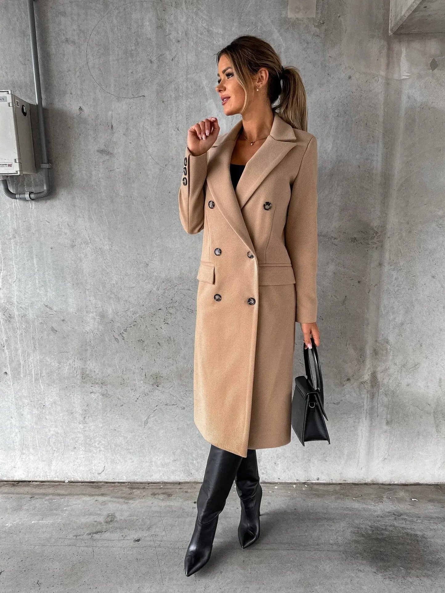 Women Double Breasted Woolen Outerwear Solid Color Long Overcoat Commuter Style Turndown Collar Lady Outerwear for Autumn Winter