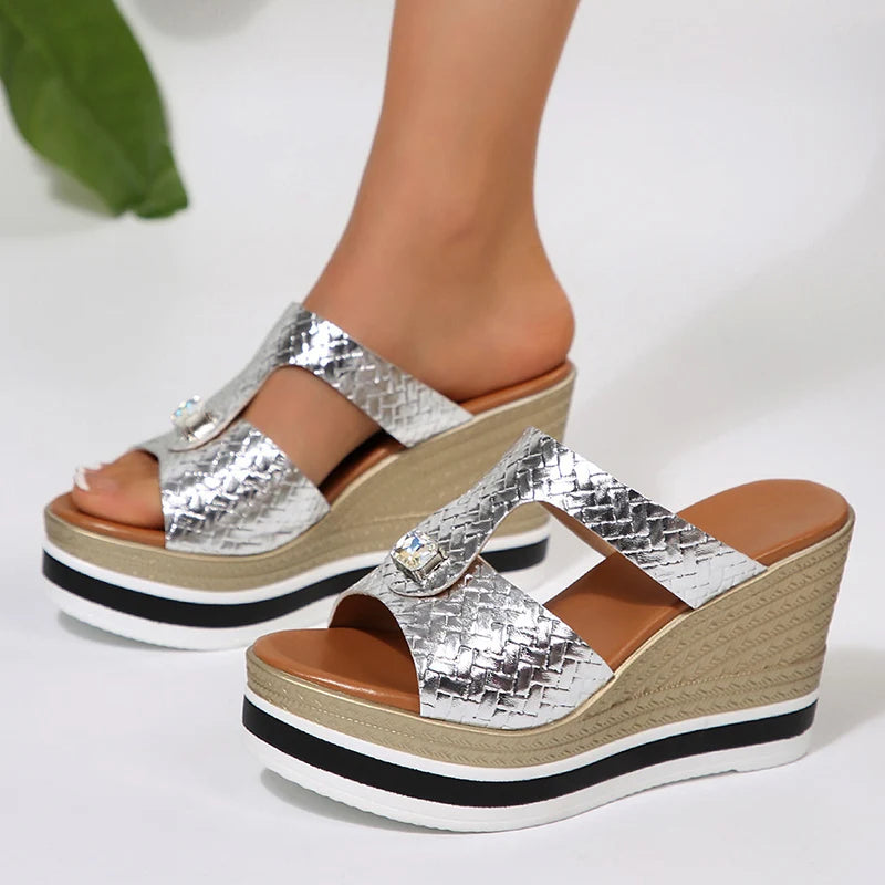 Women's Sandals Fashion Wedge Heeled Slippers New Women Rhinestone Decor Chunky Platform Sandals Woman Summer Thick Bottom Shoes
