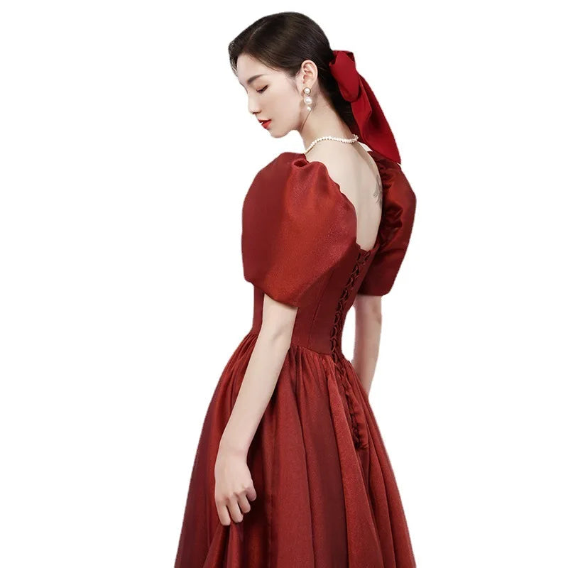 Bridal Engagement Toast Dress With Bubble Sleeves Wine Red Engagement Banquet Elegant Dress Formal Attire Customized