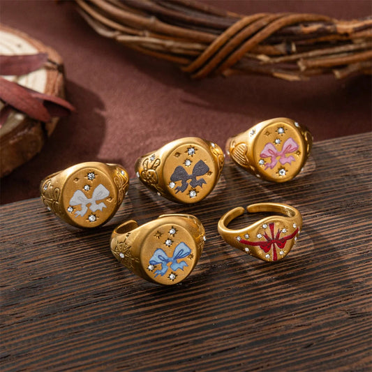Stainless steel painted bow ring, niche and personalized design, gold-plated and color preserving ring
