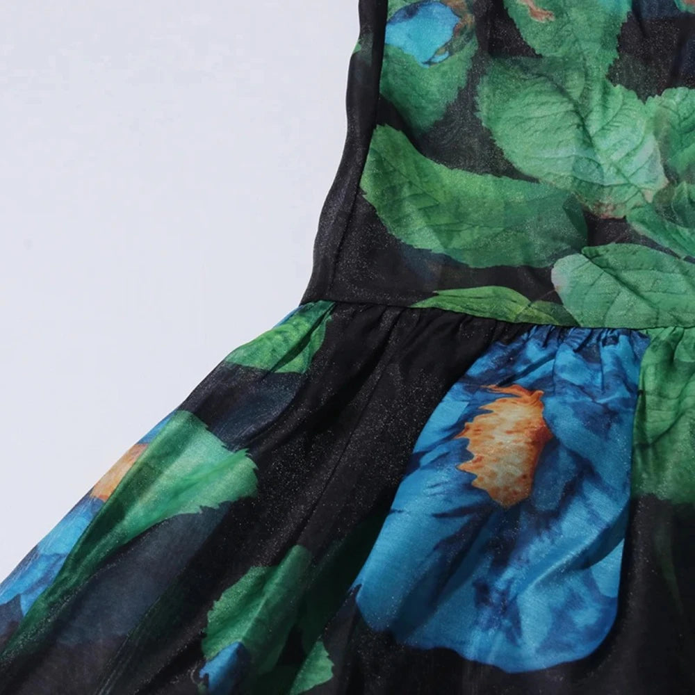 TWOTWINSTYLE Hit Color Spliced Printing Midi Dresses for Women Round Neck Short Sleeves Patchwork Lace Up Elegant Dress Female
