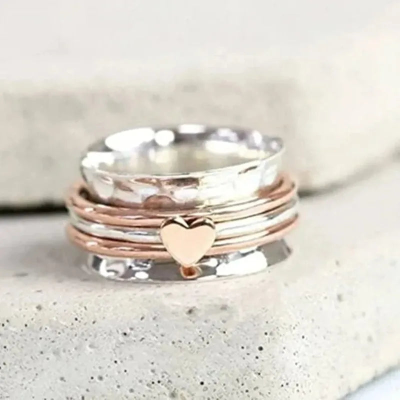 КольцаженскиеRomantic Heart Rotating Relief Ring Vintage Plain Hammered Design Spinners Rings Love Ring Birthday Gifts for Women