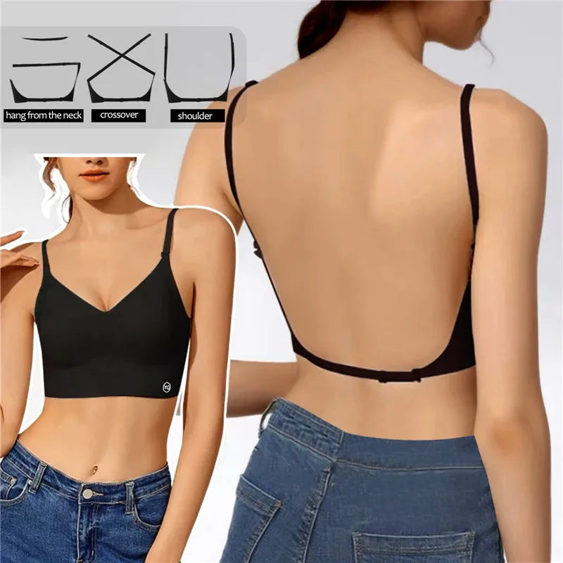 Women Invisible Bra Deep U Plunge Bras Backless Top for Dresses Sexy Lingerie with Transparent Strap Push Up Strapless Underwear