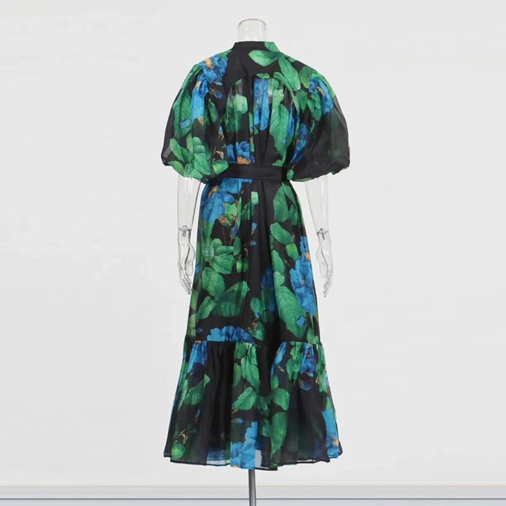 TWOTWINSTYLE Hit Color Spliced Printing Midi Dresses for Women Round Neck Short Sleeves Patchwork Lace Up Elegant Dress Female
