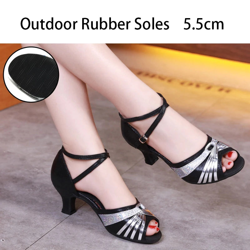 Women's Bachata Swing Salsa Latin Ballroom Dance Shoes Outdoor High Heels Peep Toe Performance Latin Dance Shoes for Woman