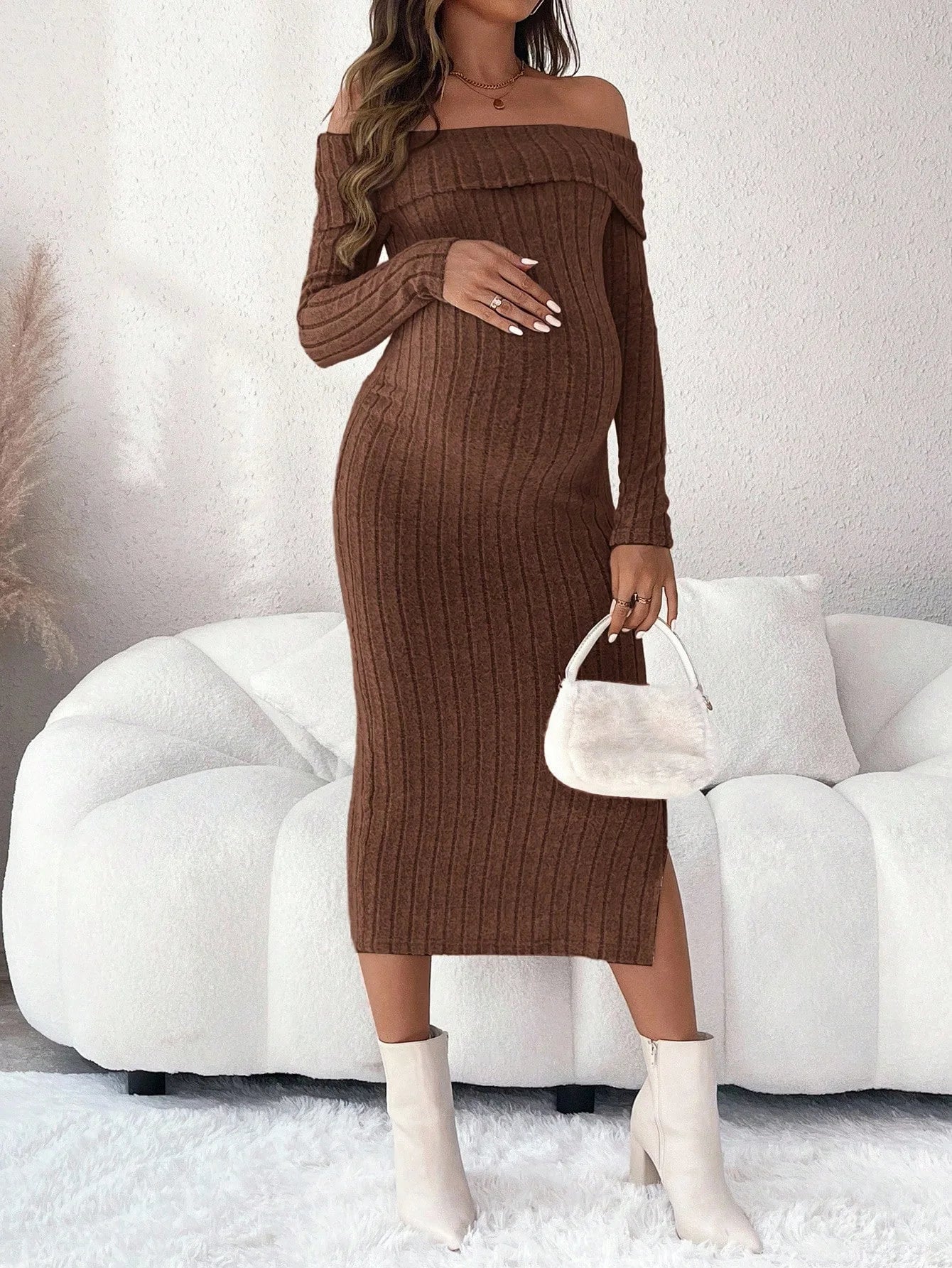 Maternity Clothes Pregnant Women Dress Photoshoot Clothing Autumn Winter One-shoulder Slimming Body-hugging Long-sleeved Knitted