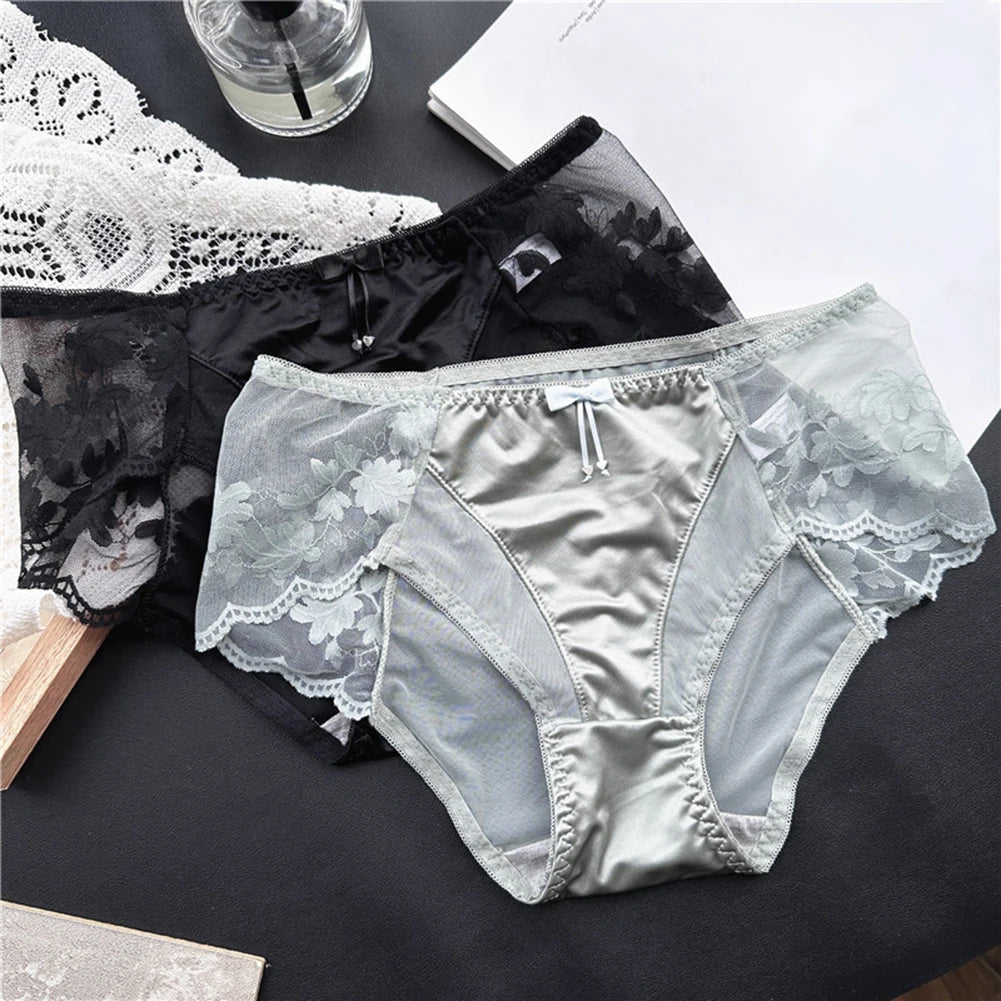 Sexy Women Panties French Style Lace Panty Satin Silk Seamless Briefs Breathable Lingerie Breathable Underwear Ultra-Thin Trunks