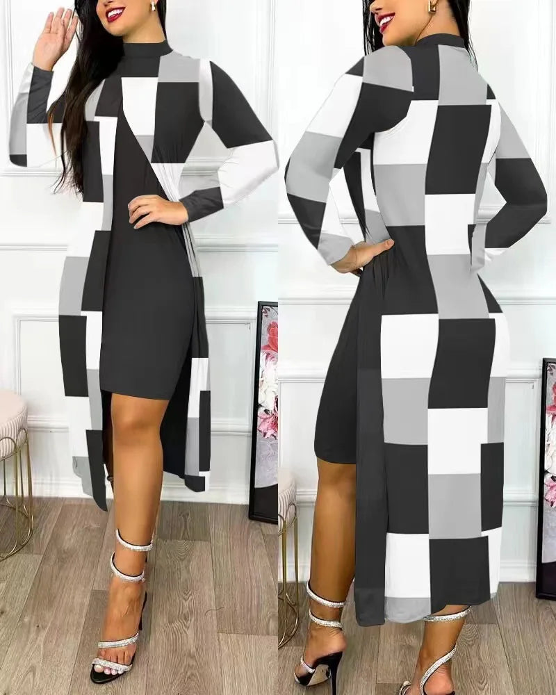 Two Piece Set Women Print Dresses Sets Full Sleeve Half High Collar Split Cardigan Dress Suits Elegant A Line Office Lady Y2k