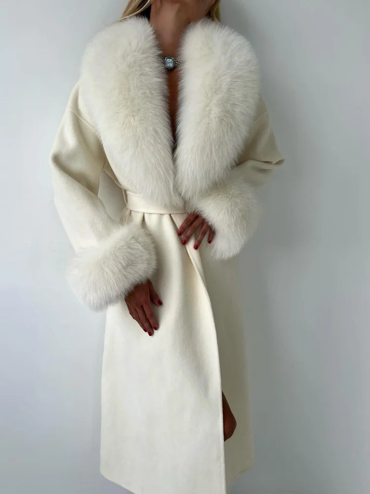 Winter Jacket Women Long Natural Wool Blends Cashmere Faux Fur Coat Lace Up Belt Warm Wool Oveercoat New Streetwear 2025