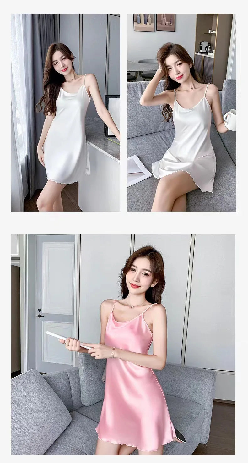 Women Silk Nightgowns Sexy Sleepwear Sleeping Dress Summer Pijamas Backless Slip dress lounge-wear Night Dress Ladies Sleepwear