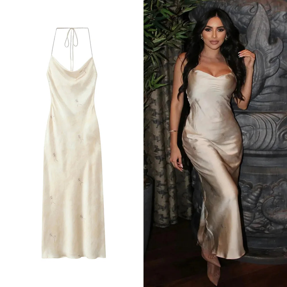 Women's Floral Printed Backless Dress Satin Sexy Long Dating Party Evening Dresses Temperament Elegant Women's Dresses