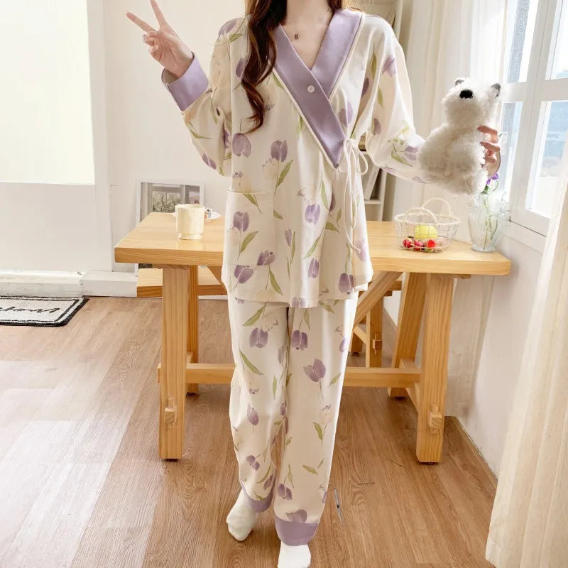 Menstrual Wear Spring, Fall and Summer Thin Postpartum Sweat Absorbent Maternity Pajamas Adjustable Breastfeeding Home Wear