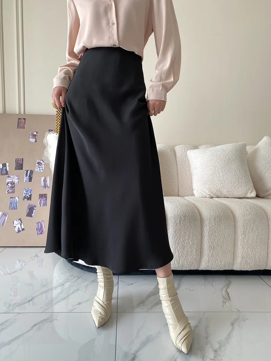 Elegant Skirts for Women Satin High Waisted 2025 New Slim Fit Long Skirt Fashion Temperament Simple Versatile Grey Black Skirts