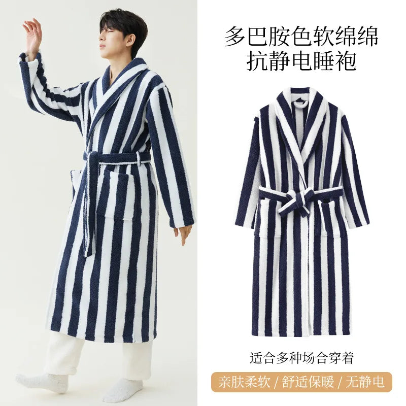 2025 New Autumn/Winter Women's Sleepwear Thick Velvet Warm Robe Couple Coral Velvet Striped Lengthed Home Clothes Bathrobe
