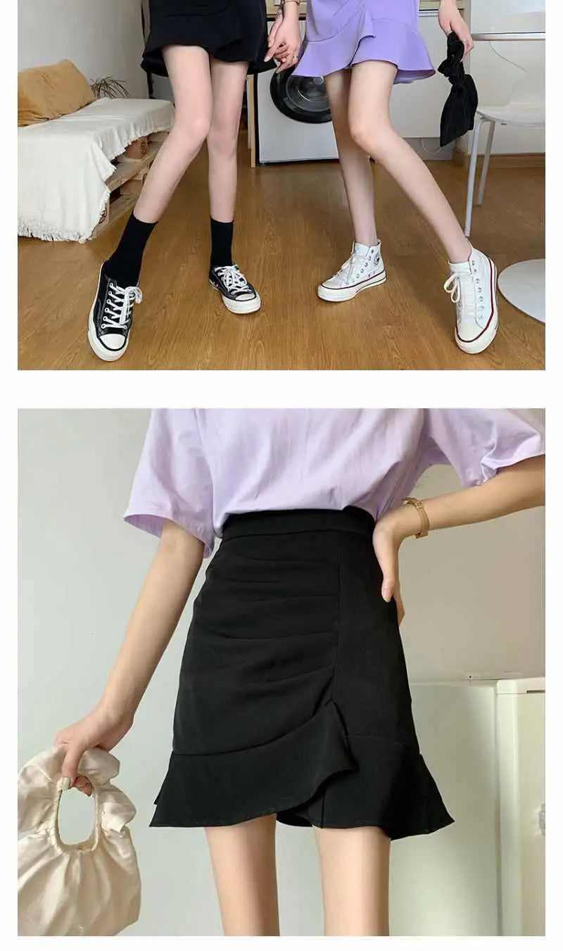 Irregular High Waist Skirts for Female Summer New Korean Fashion All-match Bag Hip A-Line Solid Color Ruffles Spliced Mini Skirt