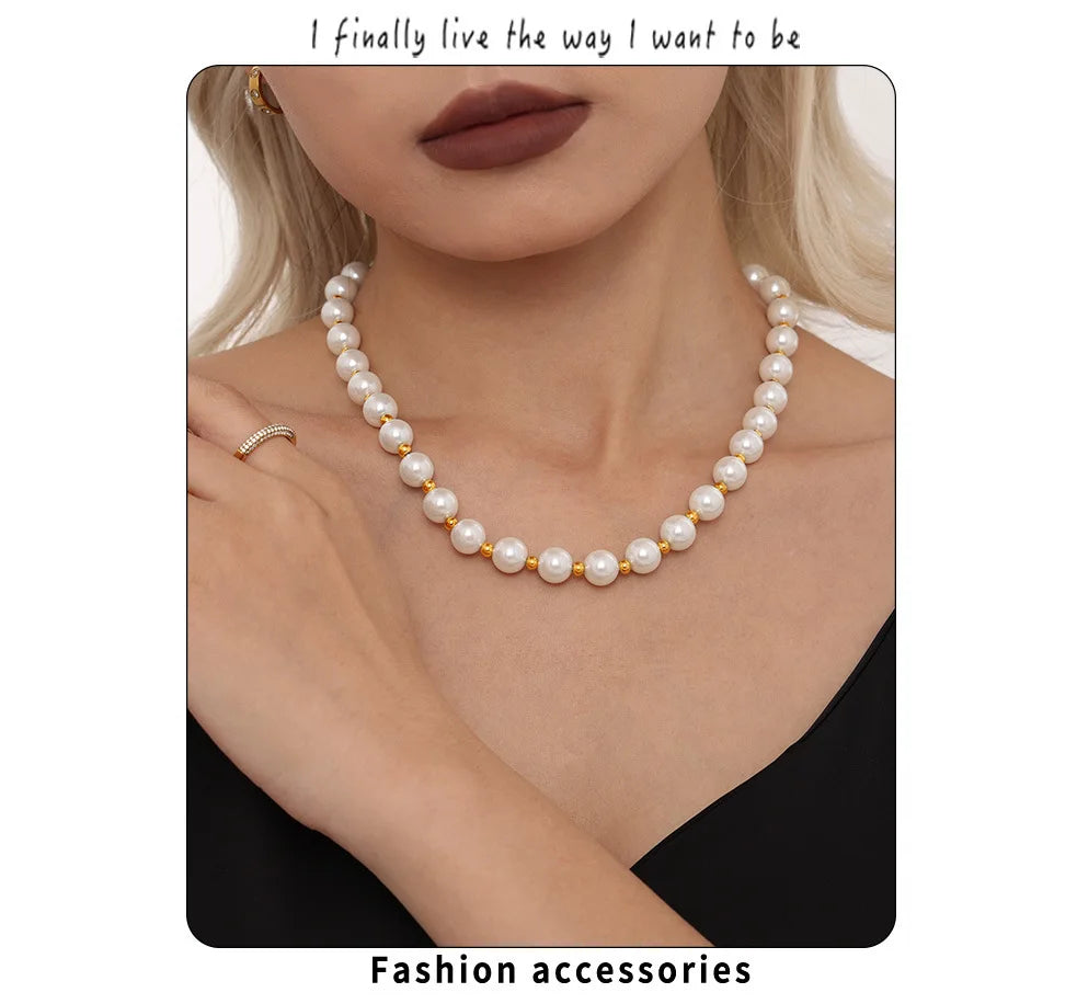 Necklace for Women No Fade Clavicle Chain 12mm White Shell Beaded Stainless Steel Charm Female Jewelry Gift