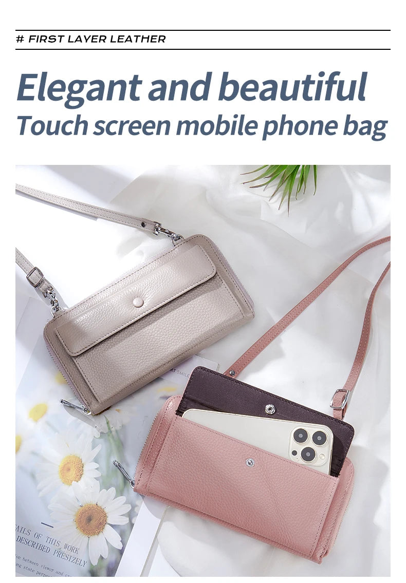 New Women Handbags Female Genuine Leather Shoulder Bags Multi Functional Large Capacity Crossbody Bags Touch Screen Phone Bag