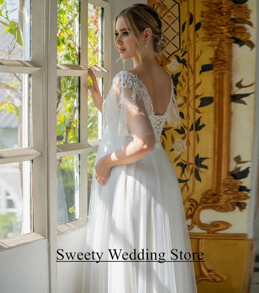 Pregnant Bride Wedding Dress Customized V Neck Flare Sleeves Beading Applique Tulle A Line Sweep Train Corset Bridal Gown