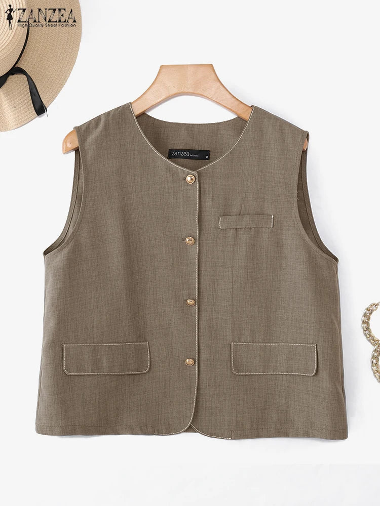 ZANZEA Outerwear 2025 Fashion Women Vests Thin Coats Sleeveless Casual Loose Solid Color Elegant Streetwear Summer Buttons Shirt